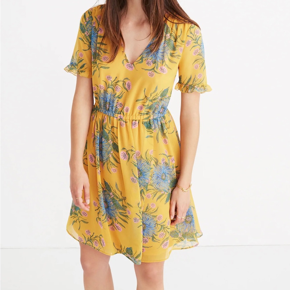 Madewell Sweetgrass Ruffle Sleeve Yellow Painted Blooms Mini Dress 0